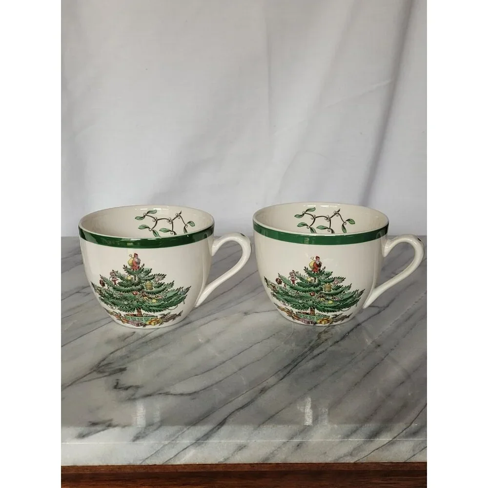SPODE Christmas‎ Tree Santa Coffee Tea Cups 6oz Set of 2 England VTG